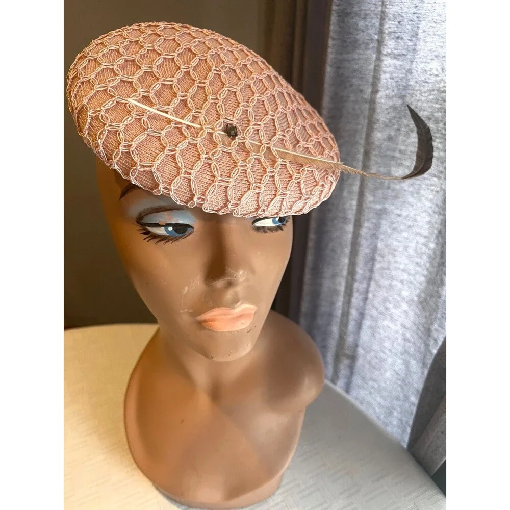 Vintage Gene Doris New York Pink Braided Straw Fascinator Hat Feather Detail